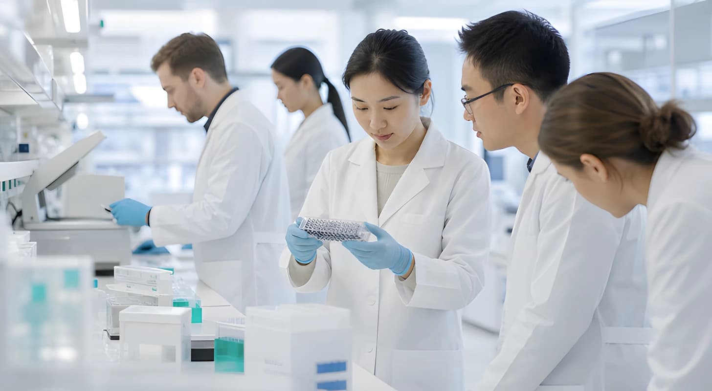 SanjingBio researchers examining microplate samples in the lab