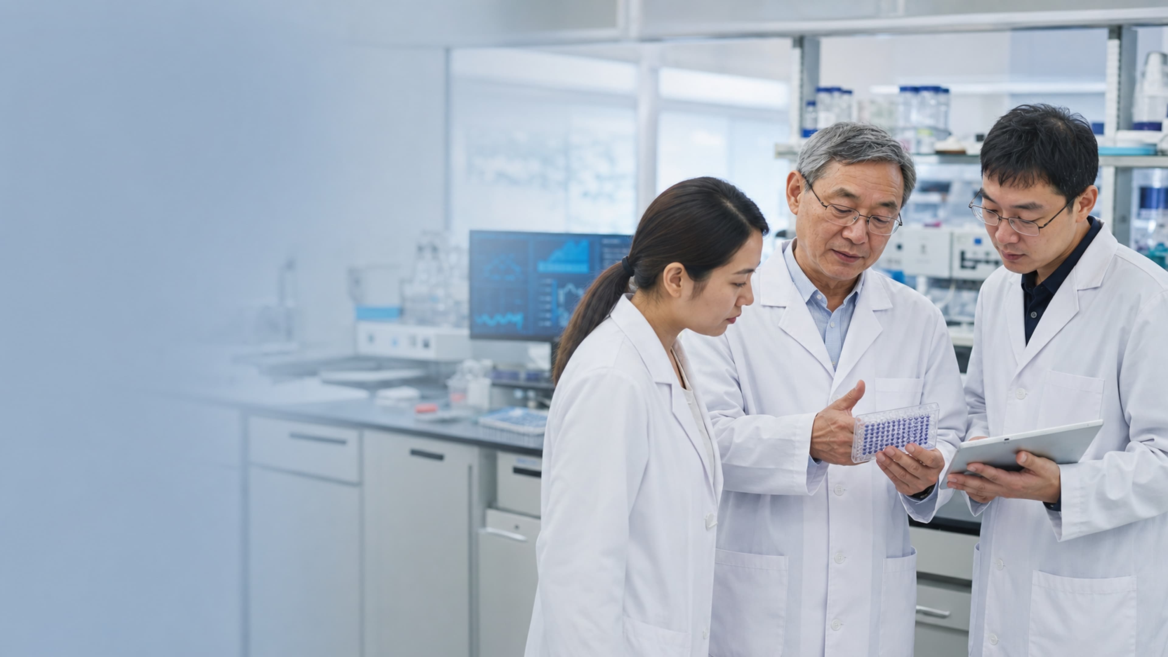 A senior scientist and two researchers discussing 96-well plate results in the laboratory