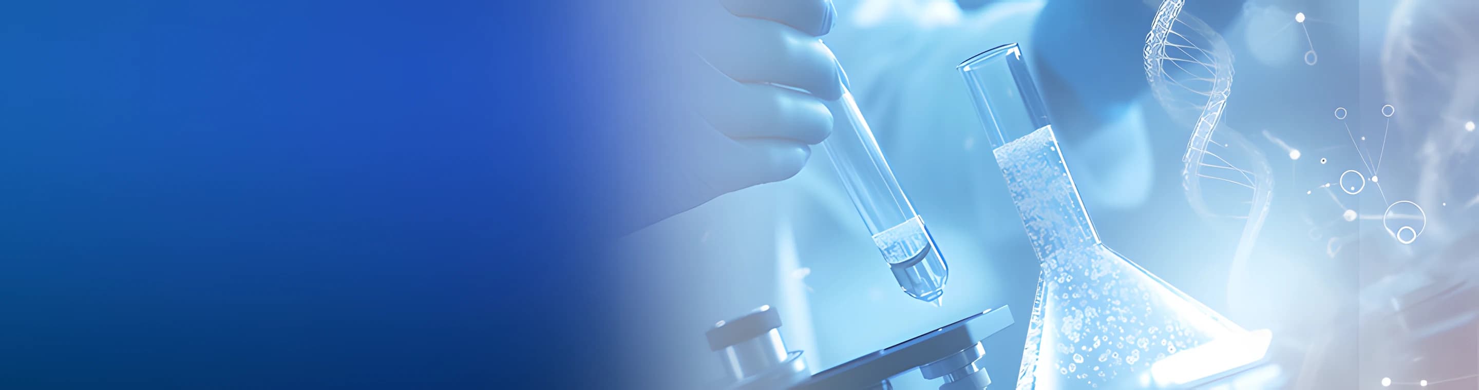 Blue-toned lab close-up: pipetting hand, tubes, flask and microscope