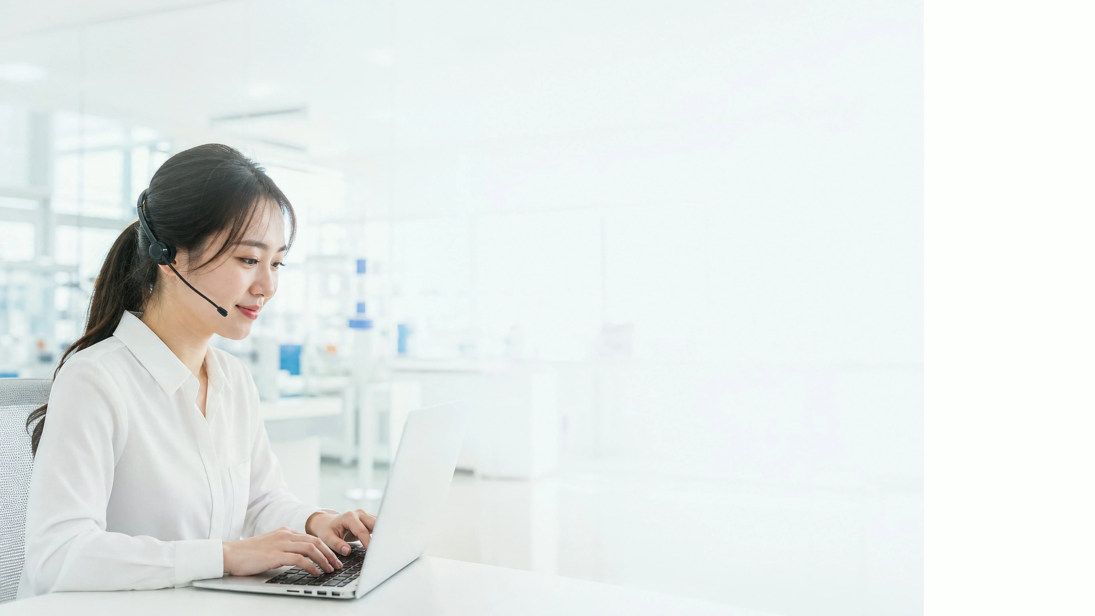 A SanjingBio service specialist taking an inquiry call in the lab office