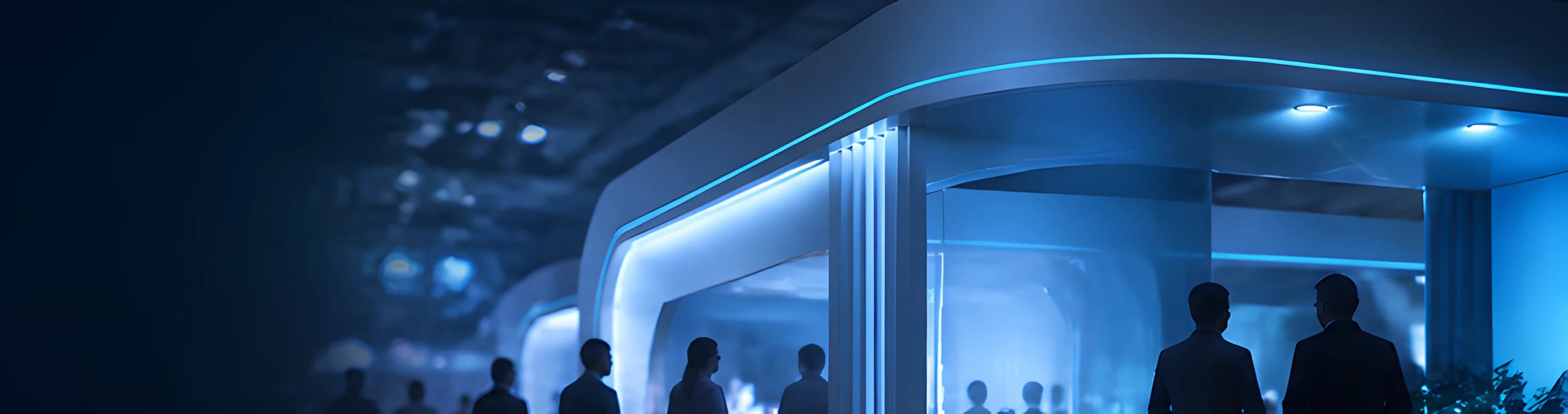 Blue-lit curved booth and visitor silhouettes in a dark hall