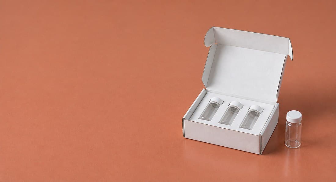 Open sample box and vials on an orange background