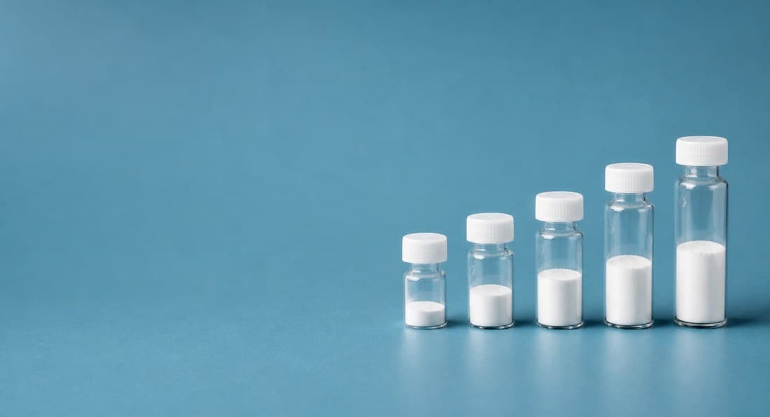 A row of vials in ascending sizes on a teal background